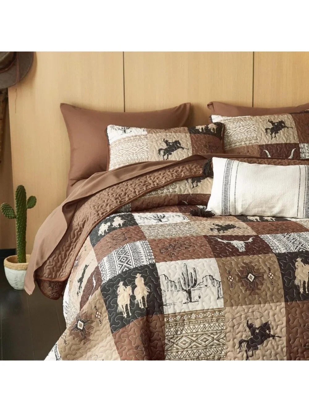 Southwestern Aztec Quilt Set - Rustic Cowboy Ranch Pattern, Reversible King